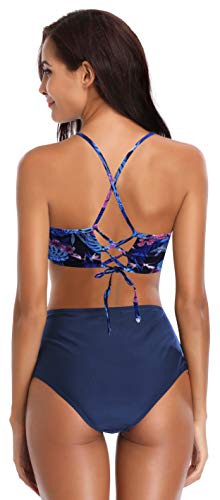 SHEKINI Damen Bikini Set Retro Gedruckt Neckholder Tie-up Rückenfrei Bikinioberteil Elegant Zweiteiliger Badeanzug mit Hohe Taille Bikinihose Badebekleidung (S, Rosa Druck)