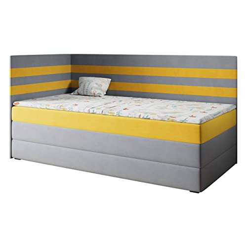 MKS MEBLE Kinderbett Polsterbett Mit Matratze MIKO3 - Jugendbett Mit Stauraum Boxspringbetten für Kinderzimmer, Jugendzimmer - 90x200 Grau und Gelb