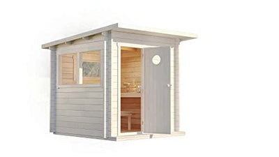 Polhus Gartensauna aus Holz Jorma, Outdoor-Sauna modern für 4 Personen, Außensauna Garten mit Panoramafenster aus Isolierglas, Saunahaus 239 x 288 x 227 cm, naturbelassen