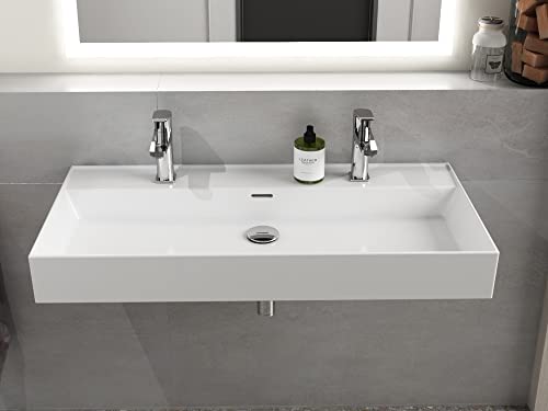 AQUA BAGNO Design Doppelwaschbecken im modernen Stil, Wand Waschbecken in Weiß, Waschtisch aus Keramik | 1004 x 465 x 130 mm