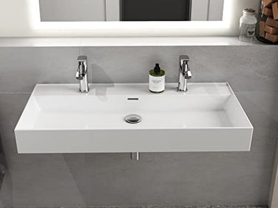 AQUA BAGNO Design Doppelwaschbecken im modernen Stil, Wand Waschbecken in Weiß, Waschtisch aus Keramik | 1004 x 465 x 130 mm