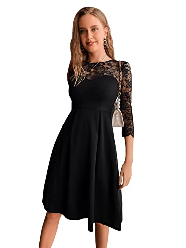 SheIn Damen Elegant Spitzenkleid Knielang 3/4 Arm Partykleid Rundhals Midikleid A-Linie Kleider Hohe Taille Abendkleid Skaterkleid Schwarz M