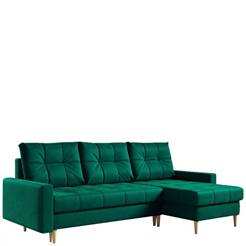 MKS MEBLE Ecksofa Wohnzimmer - Wohnlandschaft - L-Form Couch mit Schlaffunktion - Bettsofa - Wohnzimmer L Couch - Polstersofa mit Bettkasten - Astra Dunkelgrün