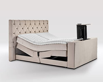 TV-Line Boxspringbett elektrisch Velourstoff 200 x 200 cm/Beige/Holzfuß