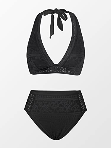 CUPSHE Damen Bikini Set Neckholder Spitzen Bikini Bademode V Ausschnitt High Waist Lace Zweiteiliger Badeanzug Swimsuit Schwarz M