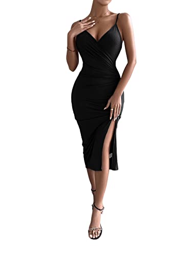 SheIn Damen Bodycon Midikleid Spaghettiträger Freizeitkleid Sommerkleid V-Ausschnitt Partykleid mit Schlitz Schwarz M