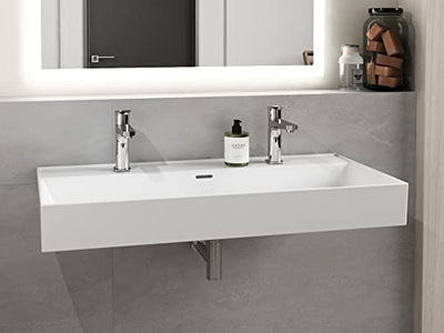 AQUA BAGNO Design Doppelwaschbecken im modernen Stil, Wand Waschbecken in Weiß, Waschtisch aus Keramik | 1004 x 465 x 130 mm