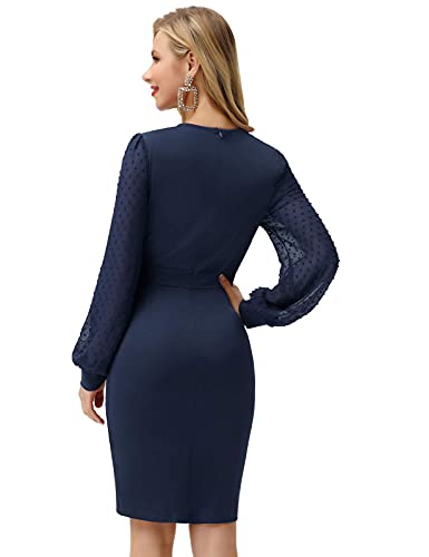 GRACE KARIN Damen Tüll Langarm V-Ausschnitt Bodycon Bleistiftkleid elegant Cocktail Knielang Kleid L Navy Blau CLE2815-4