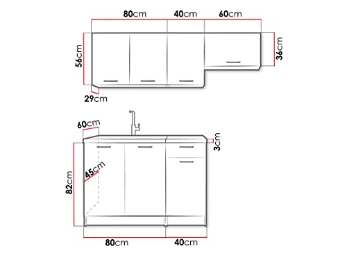 Küche Koga 180/120 cm, Küchenblock/Küchenzeile, 5 Schrank-Module frei kombinierbar, Schublade Metallbox, Arbeitsplatte (Weiß/Eiche Sonoma/Schwarze Erbse/Schwarzer Stein, mit LED Beleuchtung)