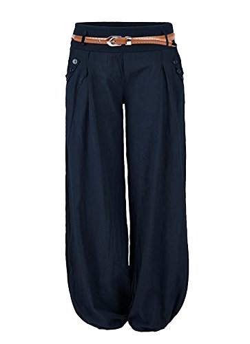 Cindeyar Damen Haremshose Elegant Pumphose Lange Leinen Hose mit Gürtel Aladin Pants (S, Dunkelblau)