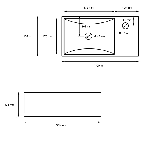 ML-Design Waschbecken aus Keramik in Schwarz Matt, 35,5x20,5x12,5 cm, Rechteckige Aufsatzwaschbecken, Moderne Waschtisch, Waschschale mit Hahnloch, Waschplatz Handwaschbecken, für Badezimmer/Gäste-WC