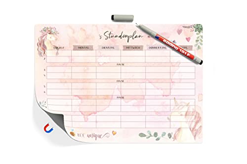 Einhorn Stundenplan magnetisch inkl Stift - Wiederbeschreibbarer Mädchen Unicorn Schule Stundenplan | Stundenplaner abwischbar in DIN A4 | Für Kinder ab der 1 Klasse Grundschule (Magnetisch + Stift)