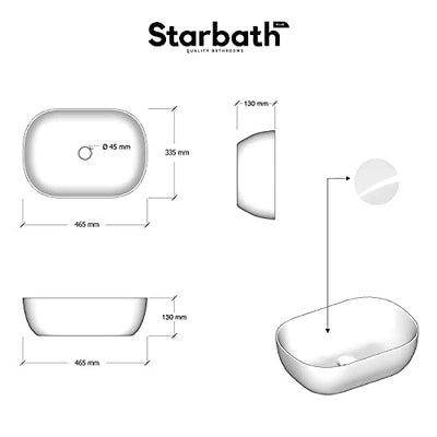 Starbath Plus - Weißes Keramikbecken - Ovale Form - Dimensioni 45,5 x 32,5 x 14 cm - ideal für die Aufstellung auf der Waschtischplatte von Bädern und Toiletten