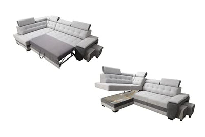 Robin Grand Ecksofa mit Schlaffunktion, Schlafsofa mit Bettkasten und Zwei Hocker, Freistehendes Eckcouch in L-Form, verstellbare Kopfstützen, Polstergarnitur Sofa