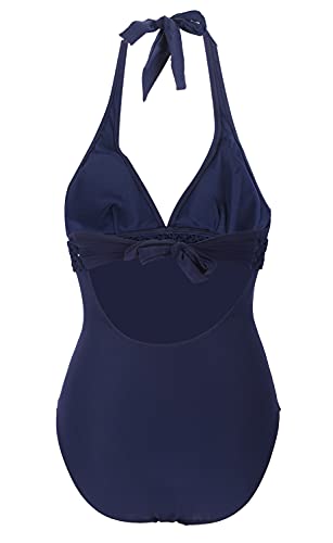 LA ORCHID Laorchid Push up Bademode Swimsuit Rückenfrei Einteiliger Badeanzug Damen V Ausschnitt Neckholder Badeanzug Retro Strandmode Sexy Dunkel Blau S