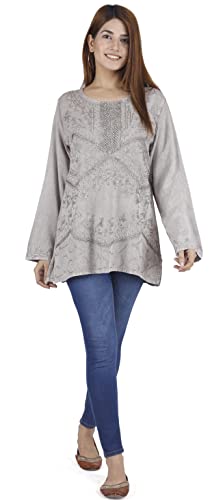 GURU SHOP Bestickte Indische Hippie Langarm Tunika, chic Bluse, Damen, Beige, Synthetisch, Size:40, Blusen & Tunikas Alternative Bekleidung