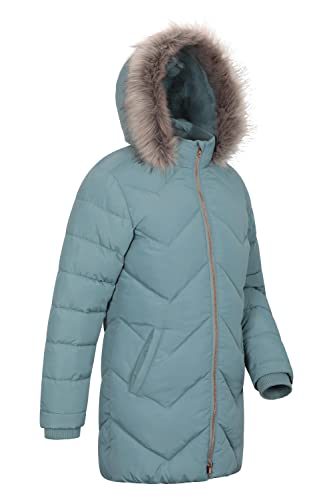 Mountain Warehouse Galaxy gefütterte, gepolsterte Fleece-Kinderjacke – wasserdichte Winter Steppjacke für Mädchen & Jungen, Kapuze aus Kunstfell, Longline Blaugrün 7-8 Jahre