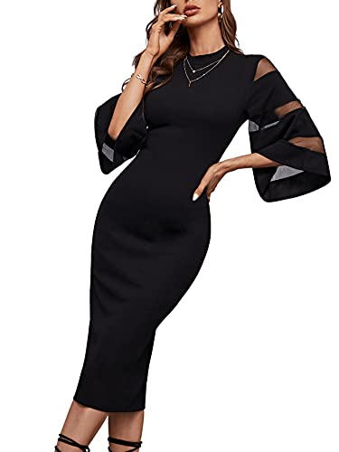 SheIn Damen Figurbetontes Kleid 3/4 Arm Mesh Midikleid Bodycon Partykleid Stehkragen Volant Ärmel Knielang Kleider mit Schlitz Schwarz S