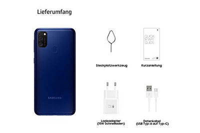 Samsung Galaxy M21 Android Smartphone ohne Vertrag, 3 Kameras, großer 6.000 mAh Akku, 6,4 Zoll Super AMOLED Display, 64 GB/4 GB RAM, Handy in blau, deutsche Version