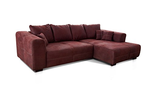 Cavadore Ecksofa Mavericco / XXL Eckcouch Inkl. Rückenkissen und Zierkissen / Longchair rechts / Industrial Style / 285 x 69 x 170 (BxHxT) / Mikrofaser Rot (bordeaux)