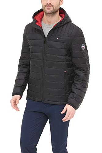 Tommy Hilfiger Herren Wasserabweisende Jacke mit Kapuze Daunenalternative Mantel, schwarz, Large