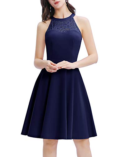 Bbonlinedress Abendkleider elegant für Hochzeit Festliche Kleider Damen Winterkleid Cocktailkleid Neckholder Brautkleid Jugendweihe Kleider Konfirmationskleider Navy L