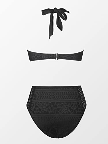 CUPSHE Damen Bikini Set Neckholder Spitzen Bikini Bademode V Ausschnitt High Waist Lace Zweiteiliger Badeanzug Swimsuit Schwarz M