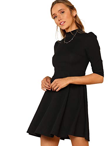 DIDK Damen Kleider Stehkragen Minikleid Partykleid Elegant Langarm Kleid A Linie Hohe Taille Puffärmel mit Reißverschluss Schwarz S