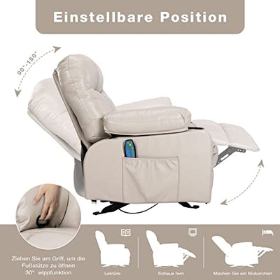 Fantasylab Relaxsessel mit Liegefunktion Fernsehsessel Massagefunktion Wärmefunktion und Vibration Lounge Chair für Wohnzimmer mit Seitentasche, 2 Getränkehalter, USB-Ladeanschluss, Liegefunktion 150°