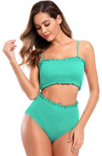 SHEKINI Damen Bandeau Bikini Set Elastisch Shirring Bikinioberteil Zweiteiliger Badeanzug High Waist Ruched Bauchweg Bikinihose Bademode Strandbikini（L, Hellgrün）