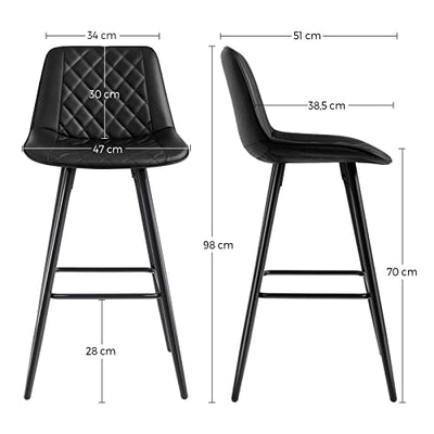 SONGMICS Barhocker, 2er Set, Barstühle mit Rückenlehne und Fußstütze aus Metall, PU-Bezug, mit Polsterung, für Bar, Küche, Ess- und Wohnzimmer, bis 120 kg belastbar, schwarz LJB025B01