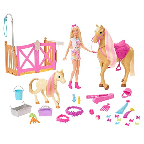 Barbie GXV77 - Frisier- und Reitspaß, Reitset mit Pferd, Pony, Puppe und über 20 Zubehörteilen, für Kinder ab 3 Jahren