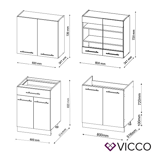 Vicco Küchenzeile Küchenblock Einbauküche Fame-Line Single 140 cm modern Küchen Schränke Spülenunterschrank Schubunterschrank Hängeschrank Hängeglasschrank Hochglanz (Eiche-Weiß Hochglanz)