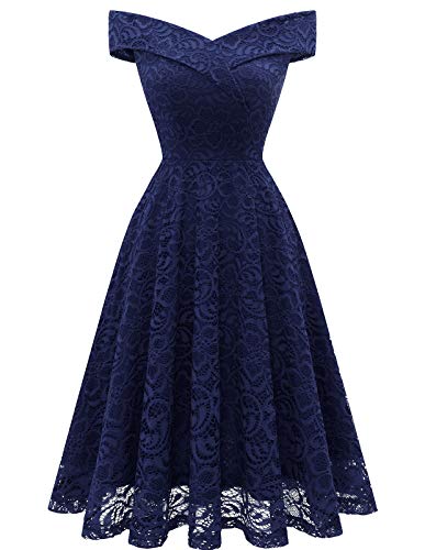 Homrain Damen Elegant Spitzenkleid Schulterfrei Rockabilly Kleid Schwingen Cocktail Abendkleider Brautjungfernkleider für Hochzeit Navy M