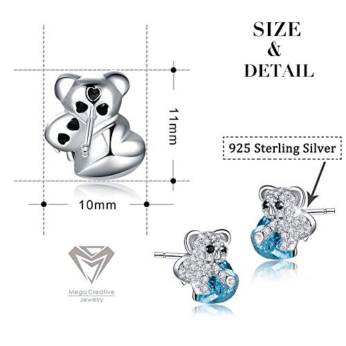 MEGA CREATIVE JEWELRY Damen Ohrringe Blau Herz Koala Bär Ohrstecker aus 925 Sterling Silber mit Kristalle Schmuck Geschenke für Frauen Mädchen