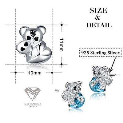 MEGA CREATIVE JEWELRY Damen Ohrringe Blau Herz Koala Bär Ohrstecker aus 925 Sterling Silber mit Kristalle Schmuck Geschenke für Frauen Mädchen