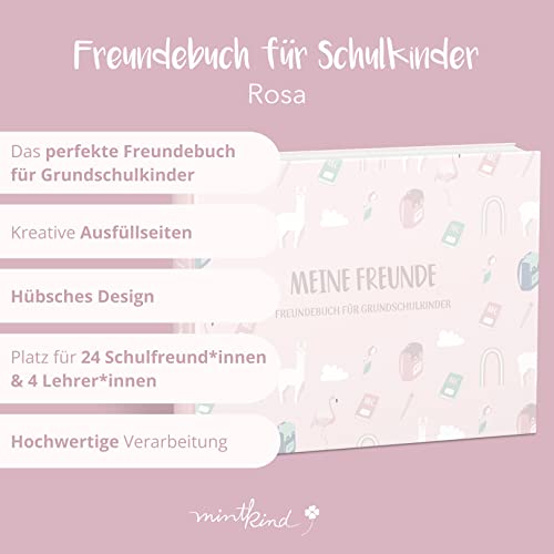 mintkind® „Meine Schulfreunde“ Freundebuch für Mädchen – Freundschaftsbuch für die Grundschule | Geschenk zur Einschulung | Schulfreundebuch zum Ausfüllen im Alpaka und Regenbogen Design