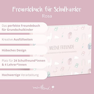 mintkind® „Meine Schulfreunde“ Freundebuch für Mädchen – Freundschaftsbuch für die Grundschule | Geschenk zur Einschulung | Schulfreundebuch zum Ausfüllen im Alpaka und Regenbogen Design