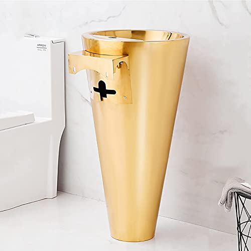 Waschbecken für Badezimmer, moderner Badezimmereimer aus Edelstahl 304, konische Form, Standfuß, Vollwaschbecken, Waschbecken, Waschbecken, Waschbecken, ohne Überlauf, Gold, Set A