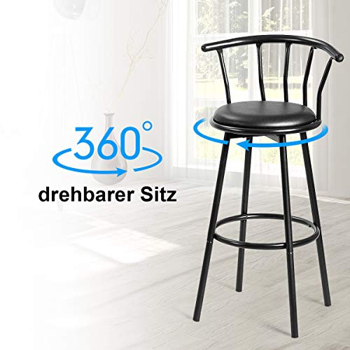 COSTWAY Barhocker 2er Set, Barstuhl mit Rückenlehne und Fußstütze, 360° drehbar, Sitzhöhe 72 cm, Drehhocker Tresenhocker Bistrohocker Küchenhocker, Metallgestell, schwarz