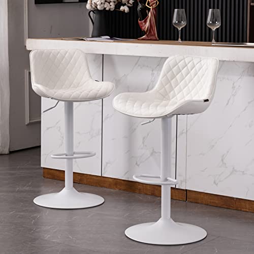 YOUTASTE Barhocker, 2er Set Tresenhocker PU-Leder Höhenverstellbar Bar Stühle Drehbar Drehstühle Mit Armlehnen,Kücheninseln Bar Stool Für Garten 180kg Kapazität-Diamant Weiß