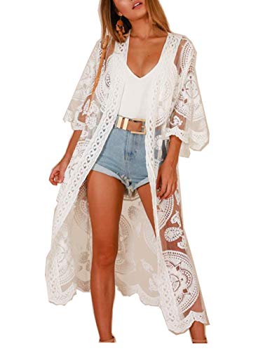 JDiction Damen Badeanzug Kimono Langes Strandkleid Blumenmuster Spitze Bikini Badeanzug