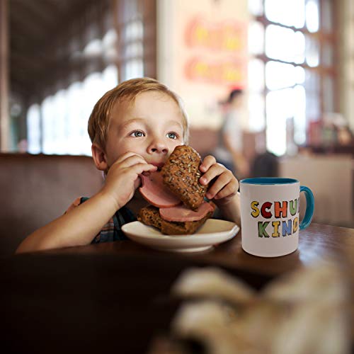 MIAMIO - Einschulung Geschenk Jungen und Mädchen/Geschenkset zur Einschulung inkl. Tasse „Schulkind“ + 1 x 1 Frühstücksbrett + Pop up Grußkarte + Stundenplan (Blau)