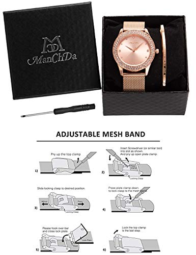 ManChDa Frauen Armbanduhr Kristall Mesh Edelstahl Gurt Damen Quarz Diamant Klassische Mode Romantische + Schmuck Manschette Armband Set (Rosegold)