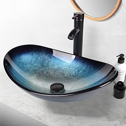 YU YUSING Aufsatzwaschbecken Waschbecken Glas Waschtisch, Oval Hand Waschschale mit Wasserhahn Set, Bad Küche Gäste WC, Modern Blau