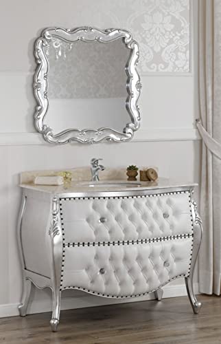 Simone Guarracino Luxury Design Waschtisch Kommode mit Spiegel Ramirez Moderner Barock Stil Badmöbel Set gewölbt Blattsilber Marmorplatte Creme Kunstleder weiß Crystal Sw Knöpfe und Haken