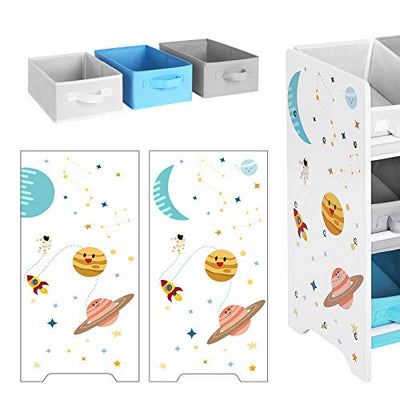 SONGMICS Kinderzimmerregal, Spielzeug-Organizer, Bücherregal für Kinder, mit 9 Aufbewahrungsboxen aus Vliesstoffe, Kinderzimmer, Schule, Kindergarten, 62,5 x 29,5 x 60 cm, Weltall-Motive, weiß GKR33WT