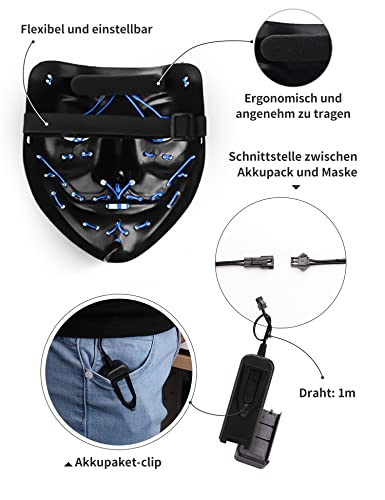 AnanBros Halloween Maske, LED Purge Maske im Dunkeln Leuchtend, Halloween Purge Maske 3 Beleuchtungsmodi für Kostümspiele Cosplays Feste und Partys - Blau