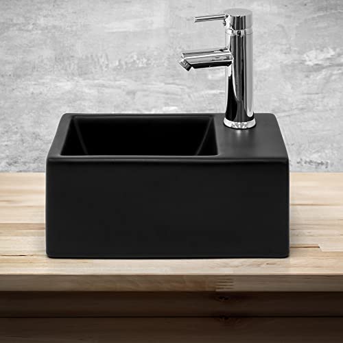 ML-Design Waschbecken aus Keramik in Schwarz Matt, 35,5x20,5x12,5 cm, Rechteckige Aufsatzwaschbecken, Moderne Waschtisch, Waschschale mit Hahnloch, Waschplatz Handwaschbecken, für Badezimmer/Gäste-WC