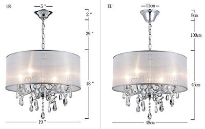 Bestier Modern Elegant Crystal Anhänger Drum Chandelier 4 Licht Chrom Leuchte LED Deckenleuchte Dia 48 cm x H 45 cm